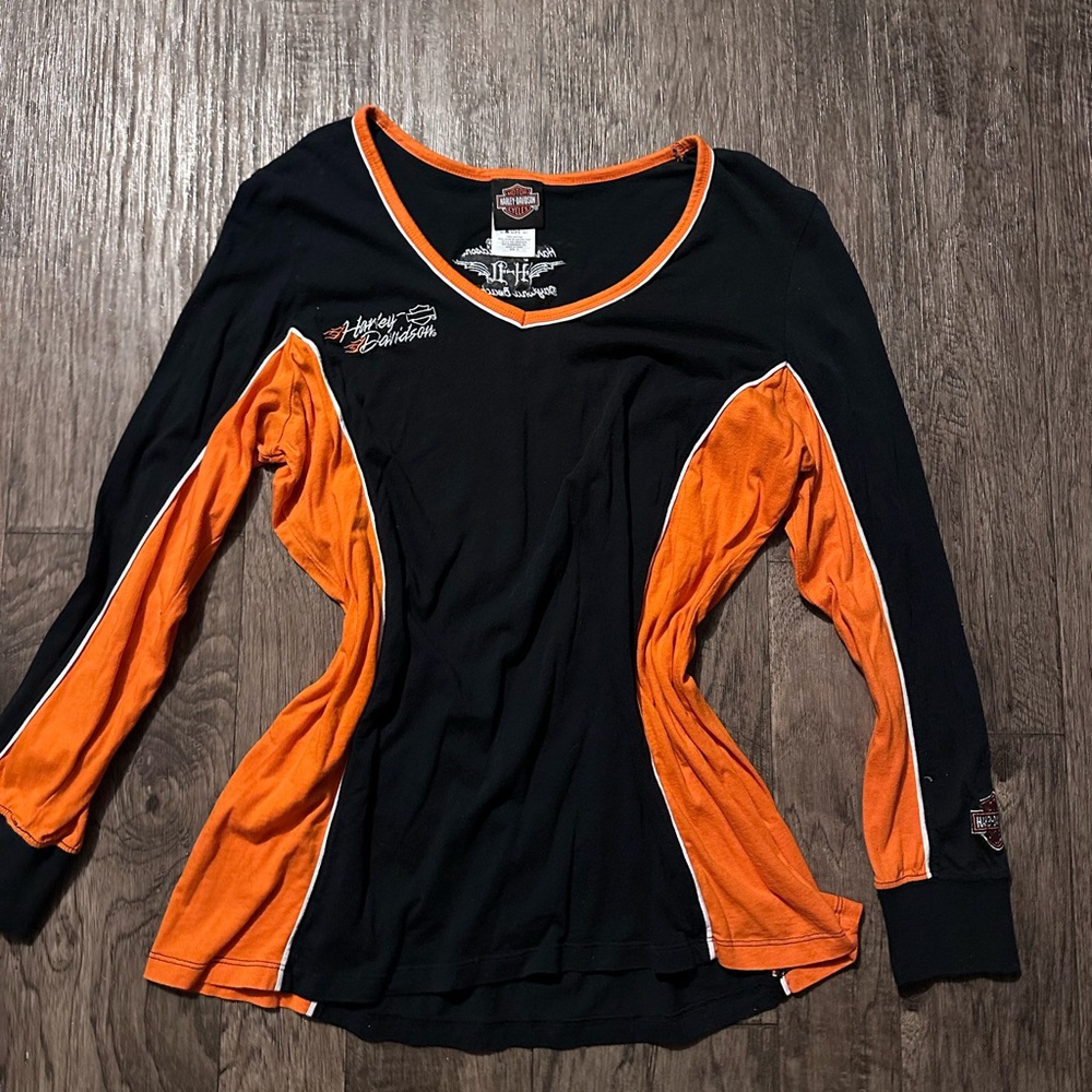 Harley-Davidson Women's Black and Orange Long Sleeve Tee